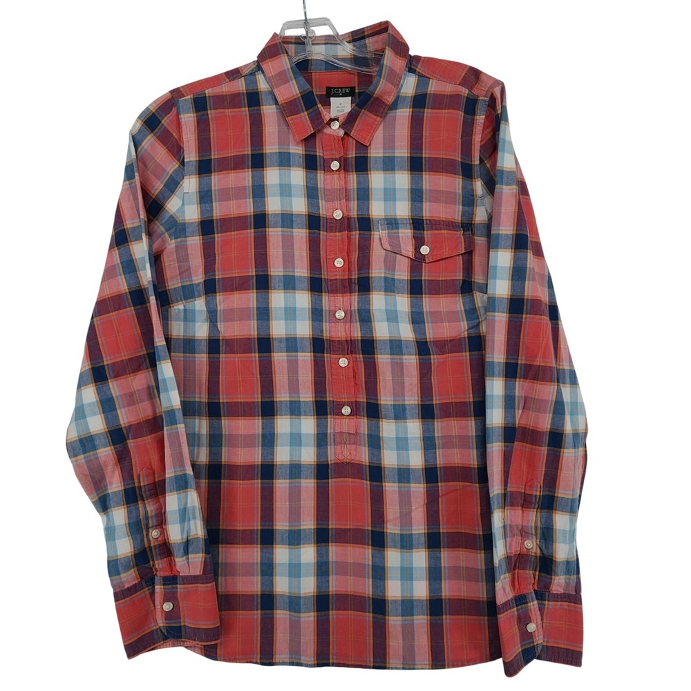 J.Crew M Pink Blue Plaid Popover Shirt Cotton Long Sleeve Preppy Coastal Classic